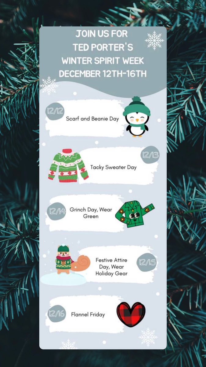 PtaPorter's tweet photo. ❄️Winter Spirit Week❄️
December 12th - 16th! 🎄☃️ https://t.co/ykflR3iSr4
