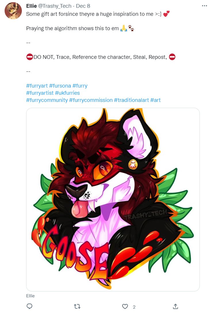 Techy_Trash's tweet photo. @Trashy_Tech @DancingMad3 @beetleg0ose "Some gift art forsince theyre a huge inspiration for me"

Forsince?

For who? The person who made the character, right? Beetleg0ose. The name that's in the insta post, but not your tweet.

Link to your tweet, and screenshot, just in case.
https://t.co/p4OlOvHri3 https://t.co/ErlAHIcEJJ