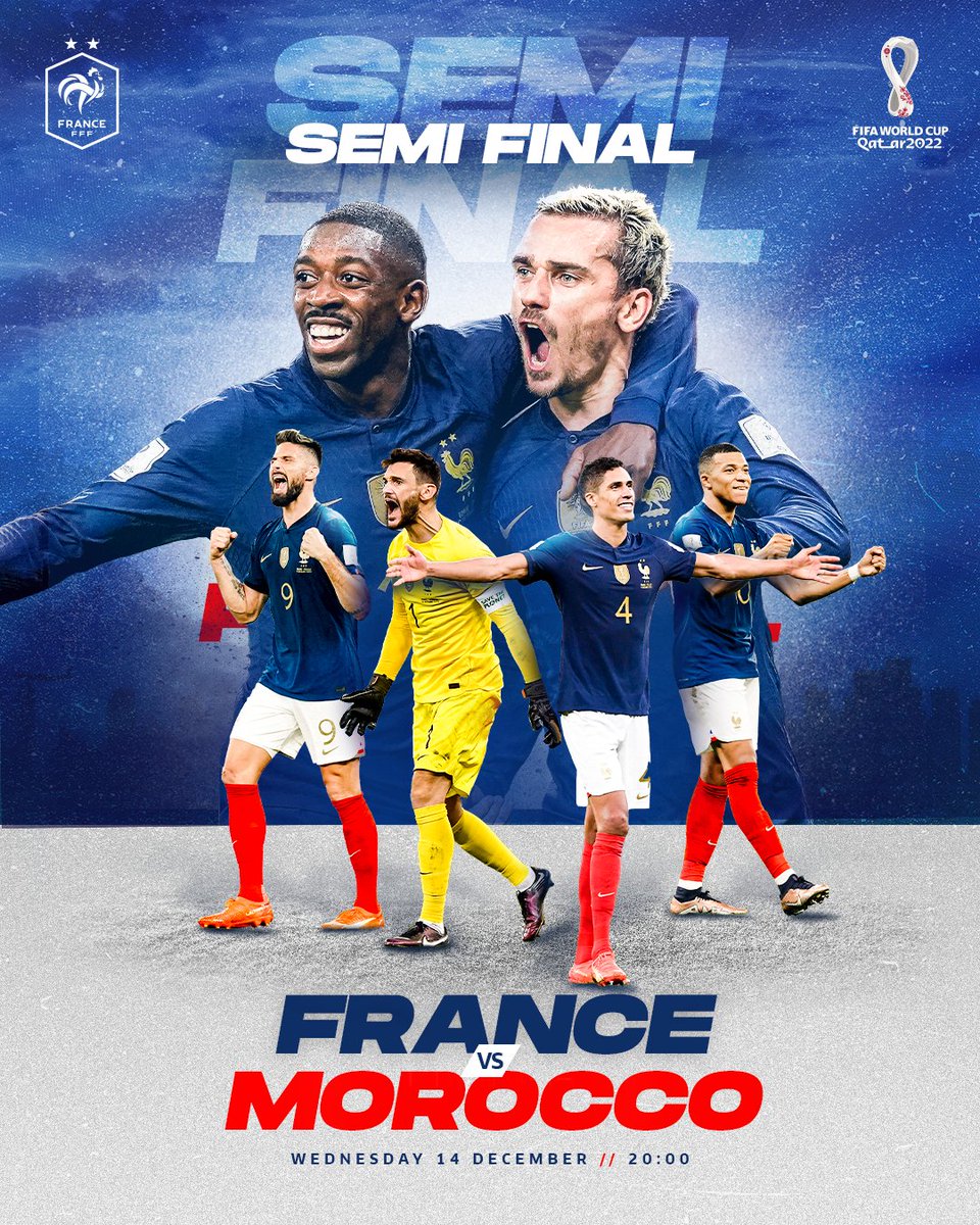 FrenchTeam's tweet photo. Les Bleus will face Morocco 🇲🇦 on Wednesday for a place in the 𝙒𝙤𝙧𝙡𝙙 𝘾𝙪𝙥 𝙁𝙞𝙣𝙖𝙡! 🔥

#FiersdetreBleus https://t.co/GWsTfpyC8q