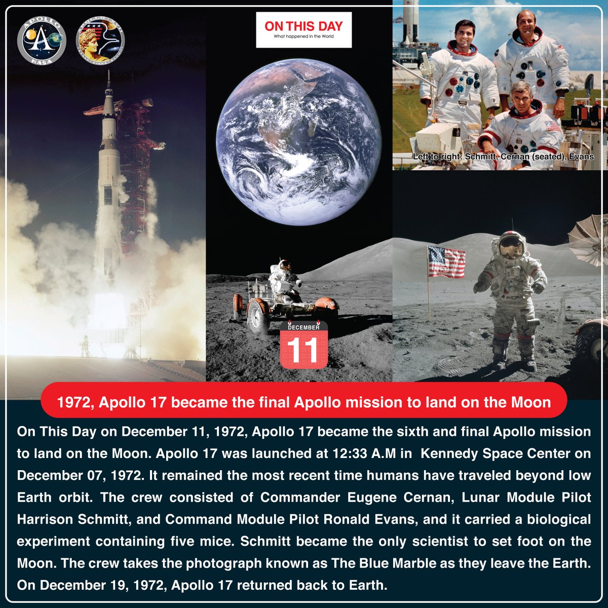OnThisDayInWor1's tweet photo. #OnThisDay 1972, Apollo 17 became the final Apollo mission to land on the Moon
@nasa
#December11 #historytoday #in1972 #50yeasrago #onthisdayinhistory #Apollo17 #Apollo #NASA #finalapollomission #finalapollomissiontomoon #MoonMission #apollomoonmission #kennedyspacecenter https://t.co/FPAlchD9yF