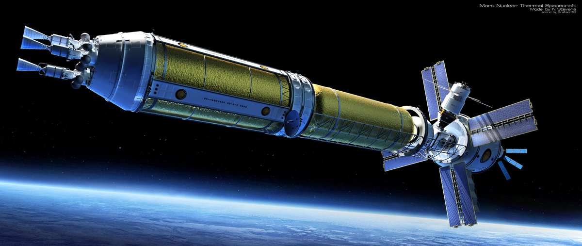 GrahamTG's tweet photo. Mars Nuclear Thermal Spacecraft. Based on a NASA design for a nuclear craft capable of reaching Mars. Model by @Nick_Stevens_Gr rendered in #Lightwave3D by me. #SpaceArt #spaceconcept #CGI #DigitalArt https://t.co/yQxFoiQJcY