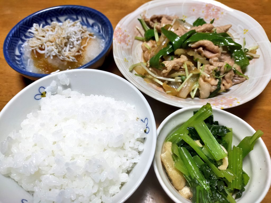夕食に肉野菜炒め、しらすおろし、小松菜と揚げの煮浸し。