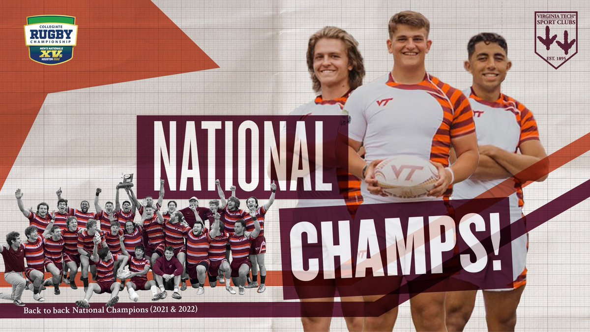 VTRecSports's tweet photo. BACK 2 BACK NATIONAL CHAMPS 🏉🏆🔥 

Virginia Tech Men’s Rugby has just claimed the 2022 NCR D1-AA natty by defeating Louisville 24-22 in Houston! 

This makes two consecutive seasons ending with Virginia Tech on top as national champions. LET’S GO… 🦃 https://t.co/a6qkyZ0beu