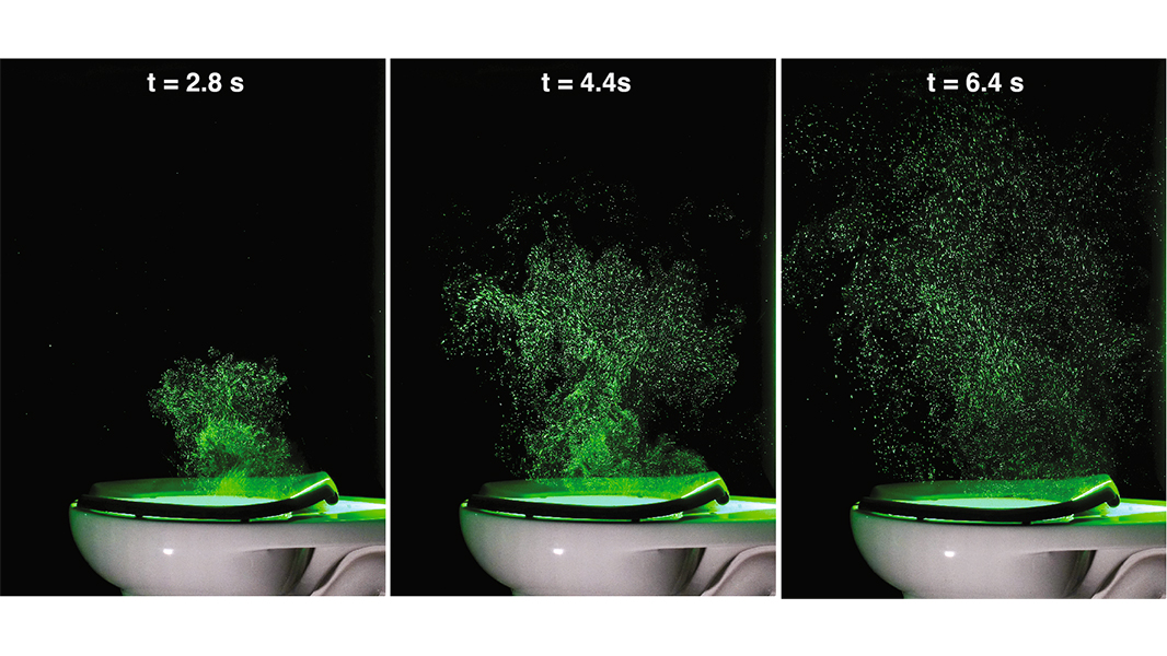A study in @SciReports finds that a commercial toilet flush produces a strong chaotic jet with velocities exceeding 2 meters per second that can transport aerosols as high as 1.5 meters within eight seconds. go.nature.com/3YbLhnN
