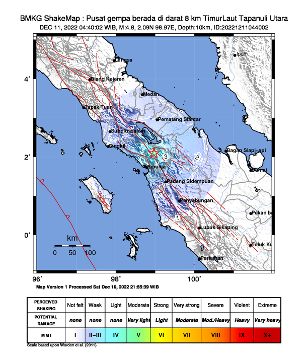 infoBMKG's tweet photo. #Gempa (UPDATE) Mag:4.8, 11-Des-22 04:40:02 WIB, Lok:2.09 LU, 98.97 BT (Pusat gempa berada di darat 8 km TimurLaut Tapanuli Utara), Kedlmn:10 Km Dirasakan (MMI) IV - V Sipoholon #BMKG https://t.co/I9zogSvfm6