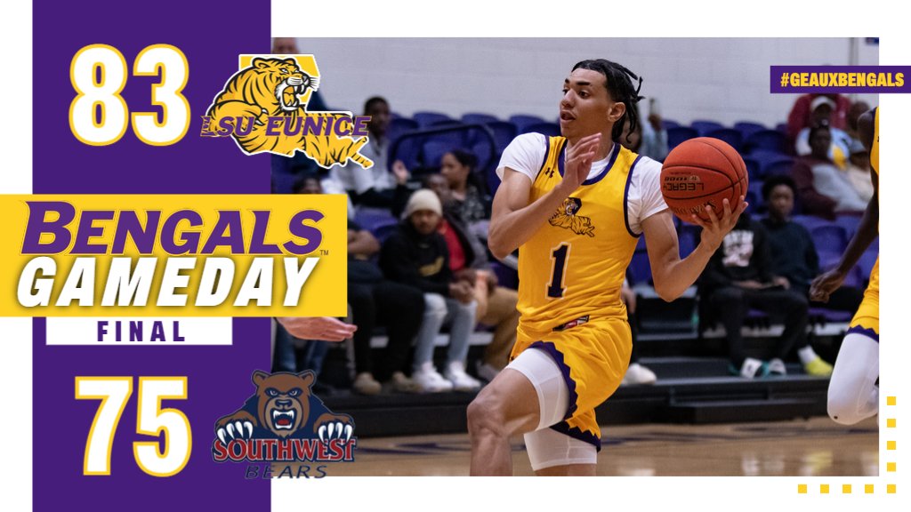 LSUEBengalsMBB's tweet photo. LSU Eunice continues its strong start to the campaign, taking down Southwest Mississippi 83-75 on the road.  Nasir DeGruy leads four Bengals in double figures, pouring in 16 points in the winning cause.  

#GeauxBengals
#EarnYourStripes https://t.co/VN35KOmo3V