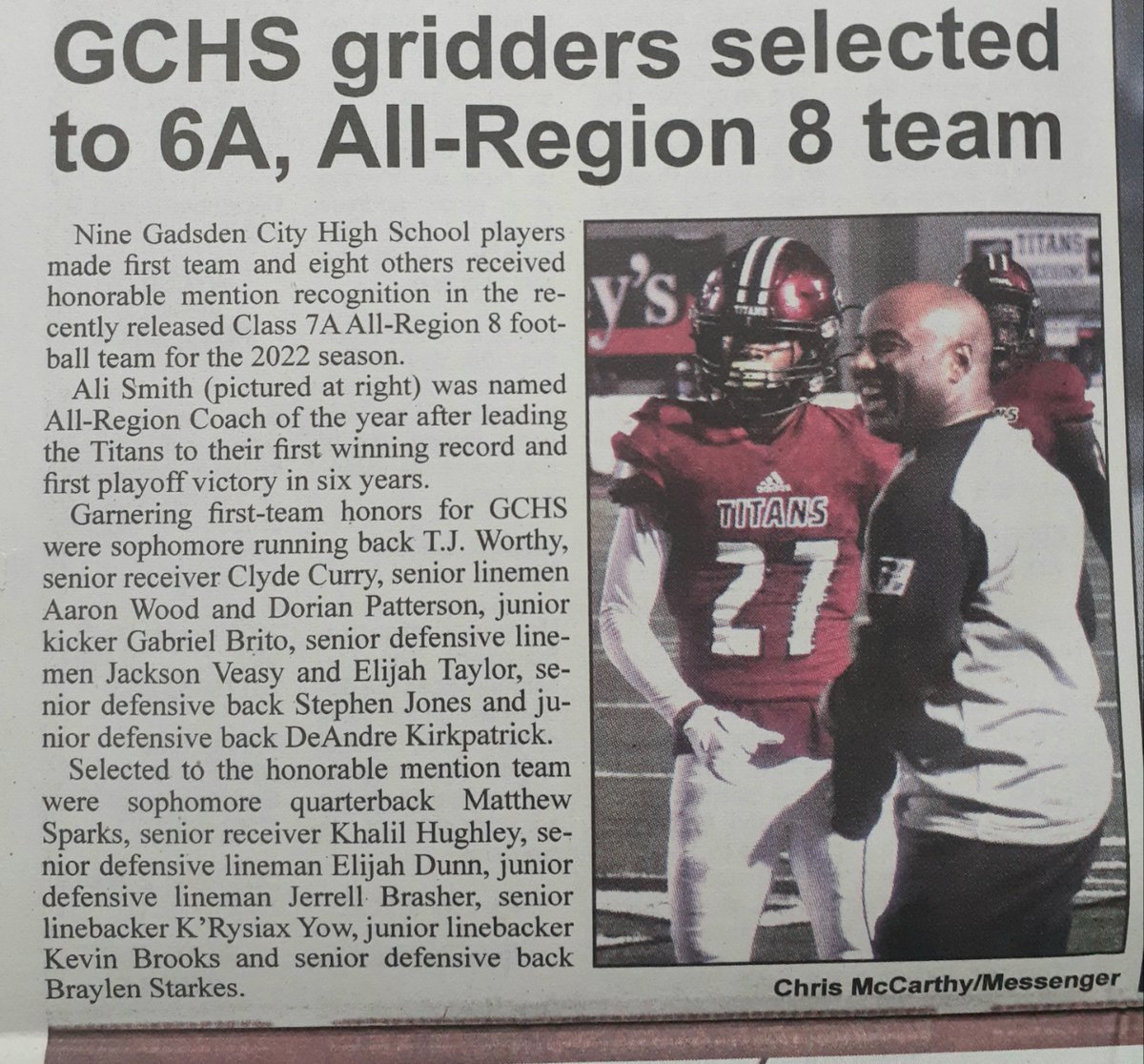 Congrats to all 18 <a href="/gctitansfb/">Gadsden City FB</a> members selected to the 2022 <a href="/AHSAAUpdates/">AHSAA</a> Class 6A Region 8 All-Region Football team.

Head Coach Ali Smith