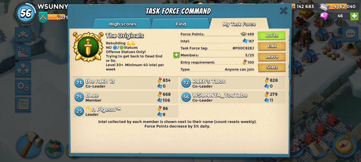 Rebuilding NO 🔵/🟢Statues Offense Statues Only! Trying to get back to Dead End or So. Level 30+. Minimum 40 intel per week.  Used to be top 100!!  Looking for more members for a Rebuild!!!  Original Leader Retired awhile back. but I was an original member so I want to Revive it!