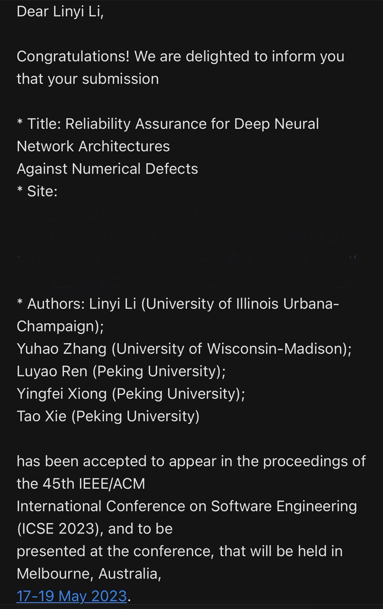 Happy to share our RANUM framework (w/ Yuhao Zhang, Luyao Ren, Yingfei Xiong, and <a href="/taoxiease/">Tao Xie</a>) get accepted to <a href="/ICSEconf/">ICSE</a>! A systematic framework for ensuring DNN numerical reliability, by defect detection, test generation, and fix suggestion.