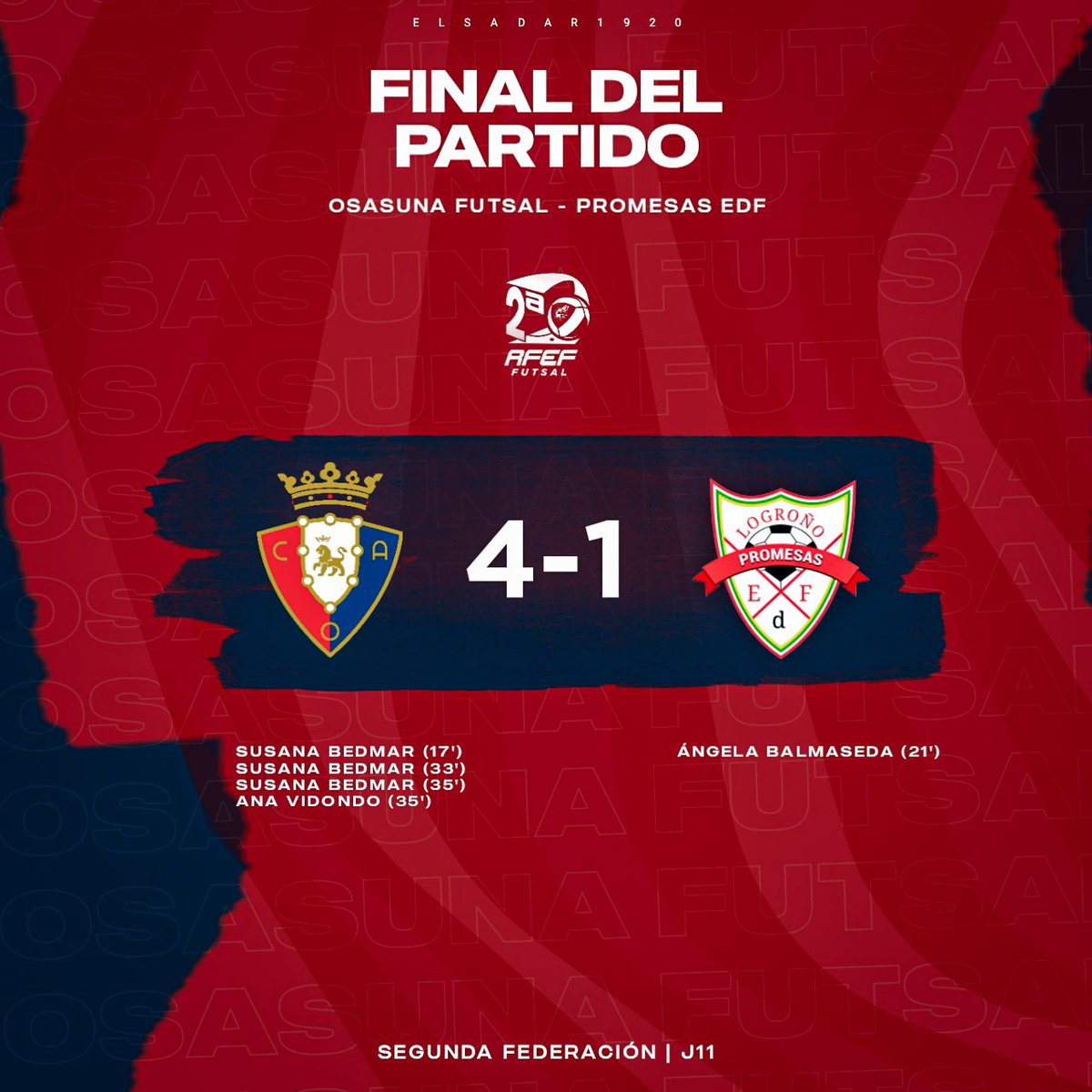🕛 𝗙𝗜𝗡𝗔𝗟 | 4-1

#OsasunaFutsalEDF