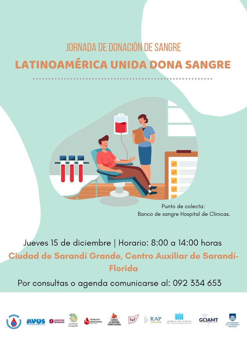 Este jueves 15 se realizará una jornada de donación de sangre en SARANDÍ GRANDE.
Donar es un acto de solidaridad, sumate a salvar vidas !