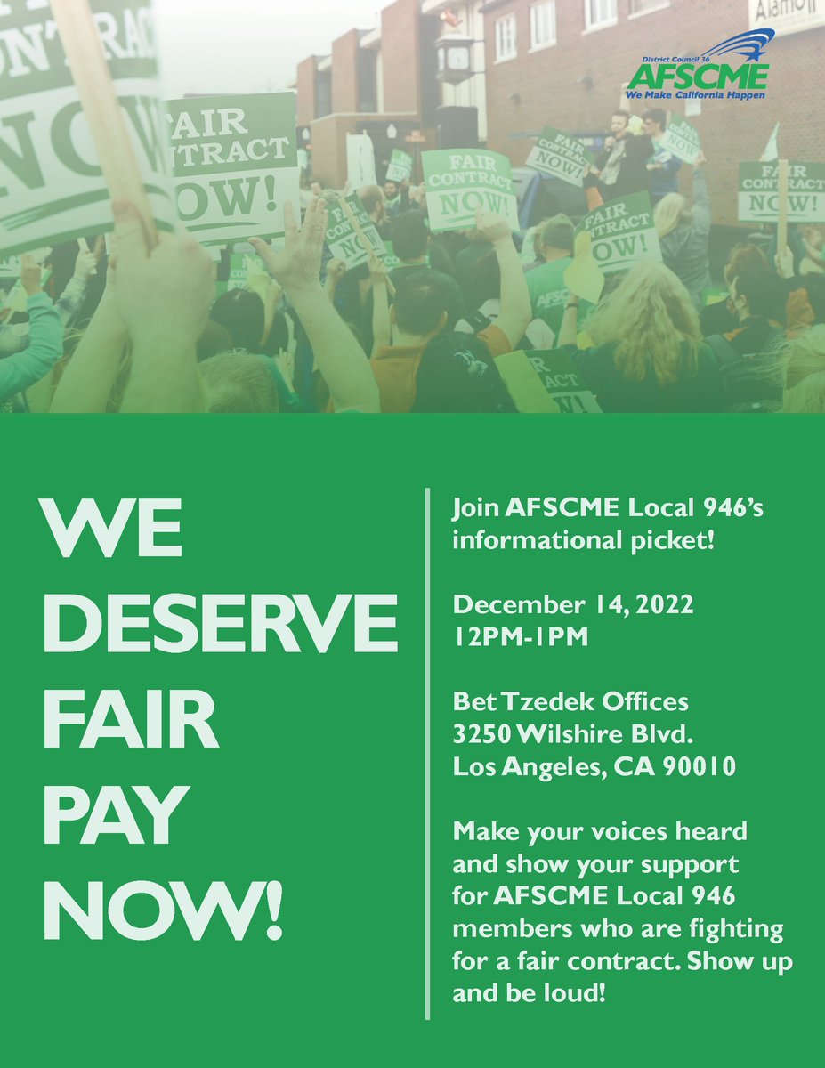 AFSCMECouncil36's tweet image. Join AFSCME Local 946 at an informational picket on December 14 in front of Bet Tzedek&apos;s office. They are fighting for a fair contract and management is not budging. Let&apos;s show them what it means to be AFSCME strong!