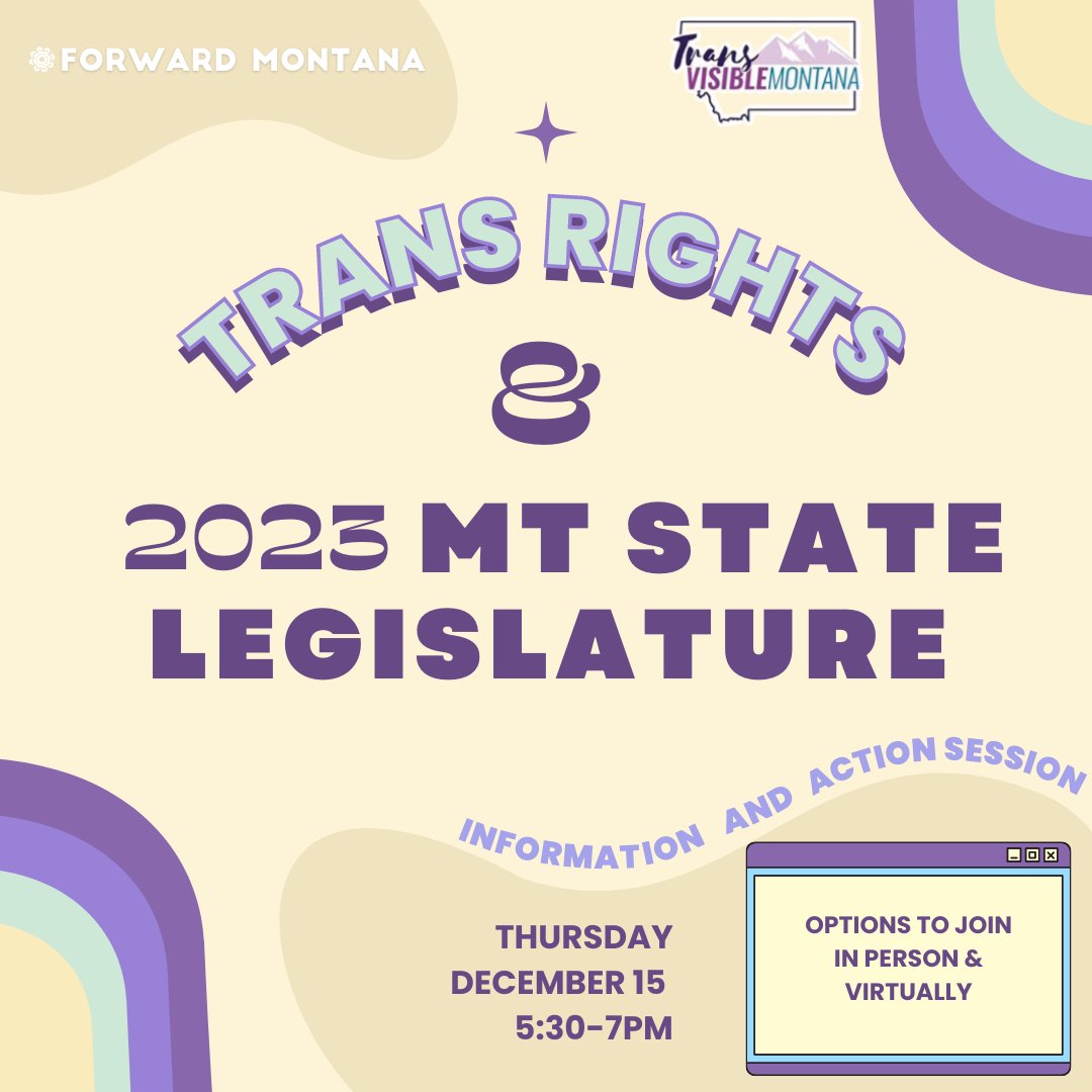 Join TransVisible Montana and Forward Montana for an action-oriented evening focused on the upcoming legislative session. Develop tools for engagement and build community with other folks. Join us at Imagine Nation (Missoula) or via Zoom! 

RSVP--> bit.ly/3UI6OBD

#mtleg