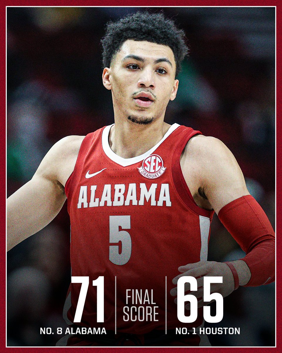 DOWN GOES NO. 1 HOUSTON‼️

No. 8 <a href="/AlabamaMBB/">Alabama Men’s Basketball</a> hands the Cougars their first loss of the season.