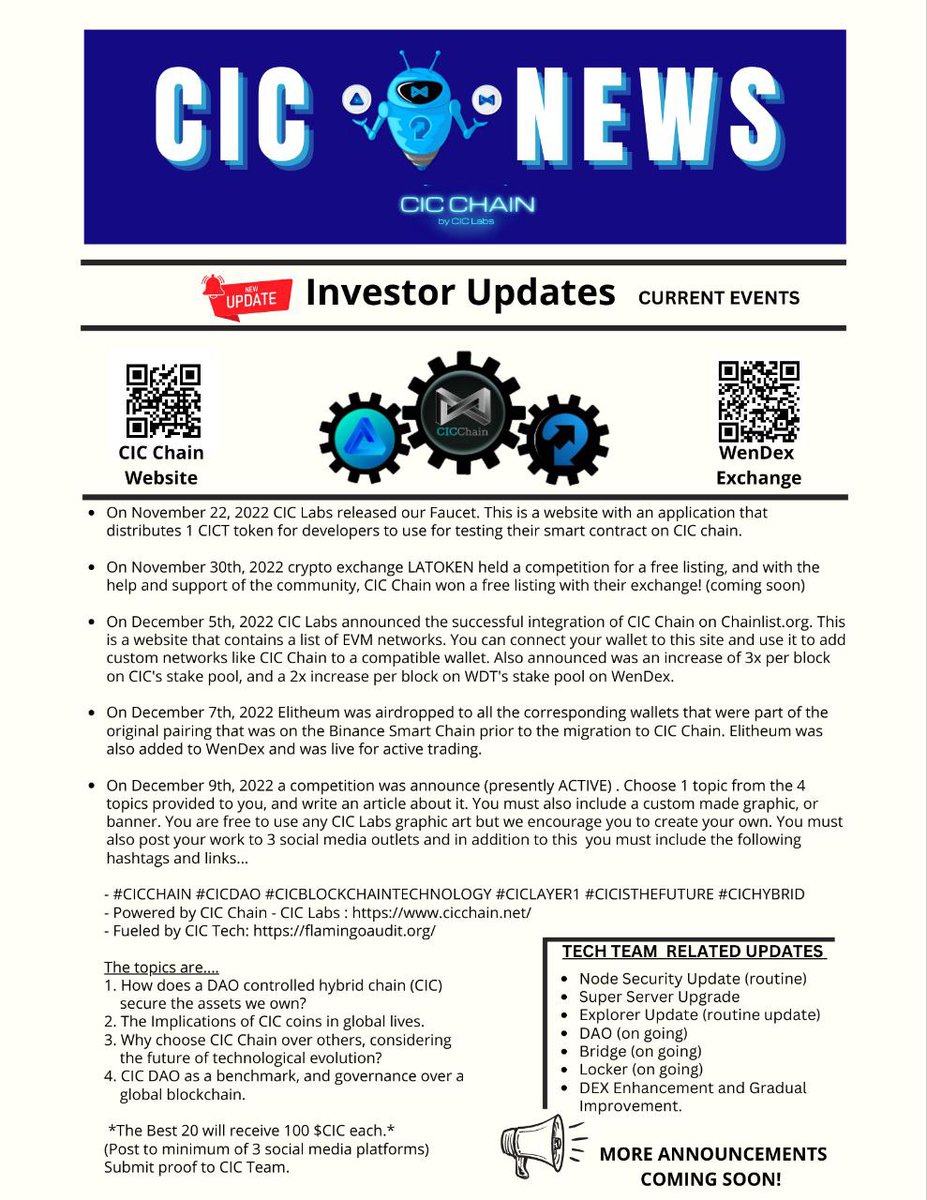 CICchain's tweet photo. CIC Progress Report!
#Progressive #Build #CIC #Blockchain #CIC #Elitheum $CIC $ELTHM https://t.co/QIwxN9w1J2