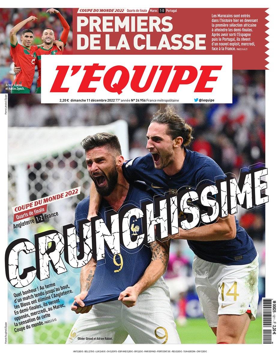 "CRUNCHISSIME" 

La une du journal L'Equipe de ce dimanche 11 décembre 🗞 #ANGFRA
