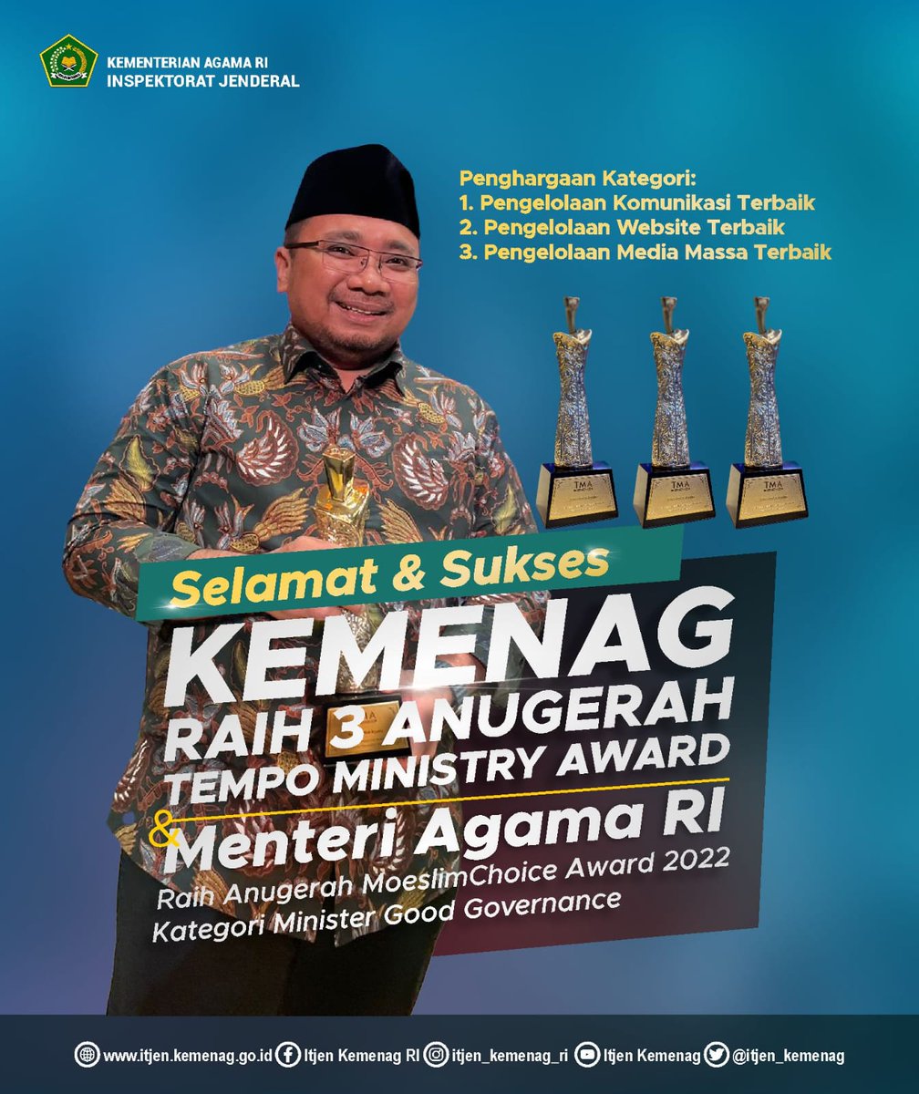 Kemenag Raih 3 Anegerah dalam Tempo Ministry Award, kategori: 
1. Pengelola Komunikasi Terbaik
2. Pengelolaan Website Terbaik
3. Pengelolaan Media Massa Terbaik

Juga

Menteri Agama <a href="/YaqutCQoumas/">Yaqut Cholil Qoumas</a> meraih Anugerah Moeslim Choice Award 2022 dengan kategori Minister Good Governance.