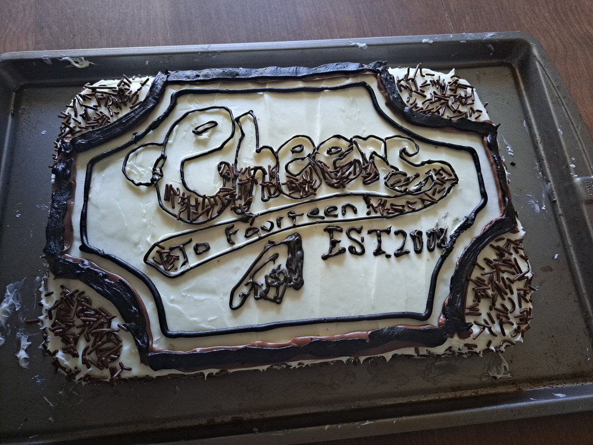 My son Mikey is turning 14 tomorrow and absolutely loves Cheers. So his 10 year old sister Everly and I made him this cake. 💕 <a href="/TedDanson/">Ted Danson</a> <a href="/Dratzenberger/">John Ratzenberger</a> <a href="/WoodyHarrelson/">Woody Harrelson</a> <a href="/georgewendt/">George Wendt</a>