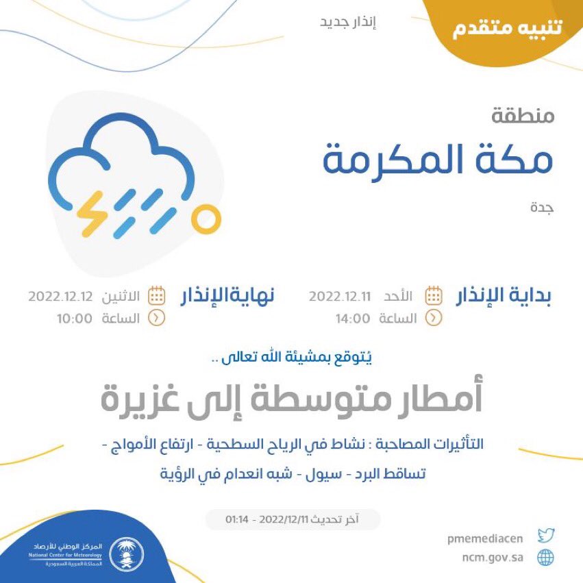 Meccaweather's tweet photo. تنبيه متقدم لمنطقة #مكة_المكرمة من المركز الوطني للأرصاد ⛈️ https://t.co/JF3hhKrMBn