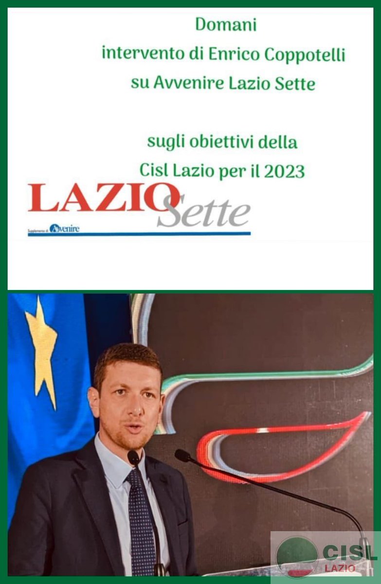 Domani su Avvenire Lazio Sette intervento di Enrico Coppotelli sugli obiettivi della Cisl Lazio per il 2023.
“Lavoro,difesa dei diritti,tutela delle fasce deboli della popolazione,scuola, formazione,sanità:le priorità della per l’anno che verrà e tanto altro. #11dicembre