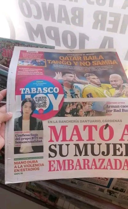 reb3k1's tweet photo. The newspaper Tabasco Hoy belonging to the state of #Tabasco #Mexico is defaming #SUGA for his sexuality and also slandering ARMY, by stating that we gave such information.
@HYBEOFFICIALtwt @bts_bighit
We can't allow them to defame Suga !¡ https://t.co/gEuJAJyaRK