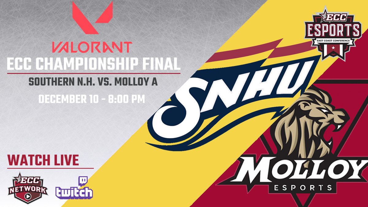 ECCNetwork (@eccsportsnet) on Twitter photo 🏆🎮 ECC Fall Valorant Championship 🎮🏆
<a href="/SNHUesports/">SNHU Esports</a> vs. <a href="/MolloyEsports/">Molloy Esports</a> A
⌚️: 8:00 p.m.
📺: ECC Network or twitch.tv/EsportsU 🏆🎮 ECC Fall Valorant Championship 🎮🏆
<a href="/SNHUesports/">SNHU Esports</a> vs. <a href="/MolloyEsports/">Molloy Esports</a> A
⌚️: 8:00 p.m.
📺: ECC Network or twitch.tv/EsportsU
