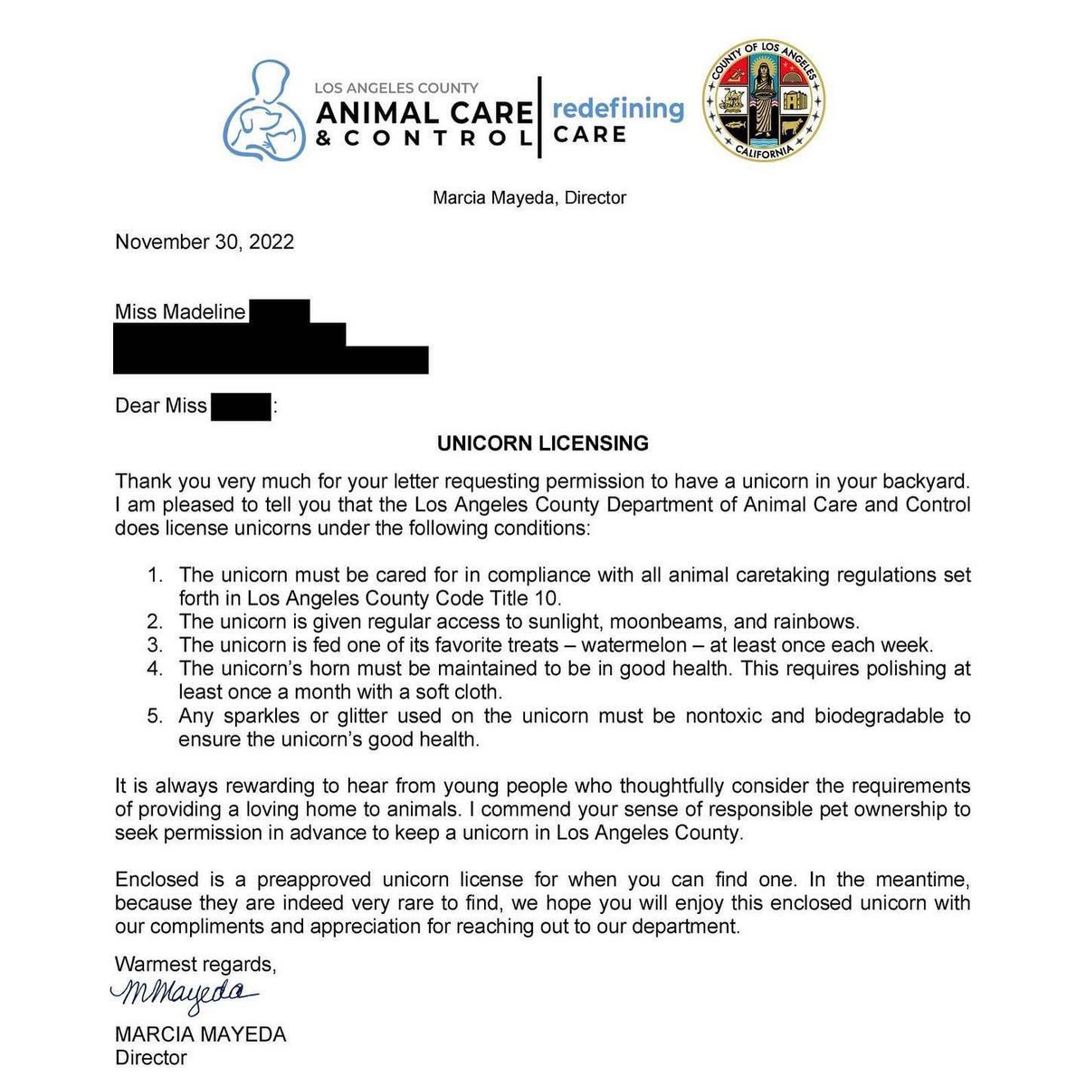 A 10 year old girl in LA wanted a unicorn license. She wrote Animal Care, and they replied brilliantly. 🥰🥰