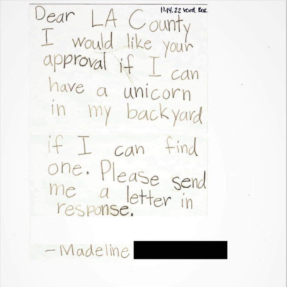 DannyDeraney's tweet image. A 10 year old girl in LA wanted a unicorn license. 

She wrote Animal Care, and they replied brilliantly. 🥰🥰