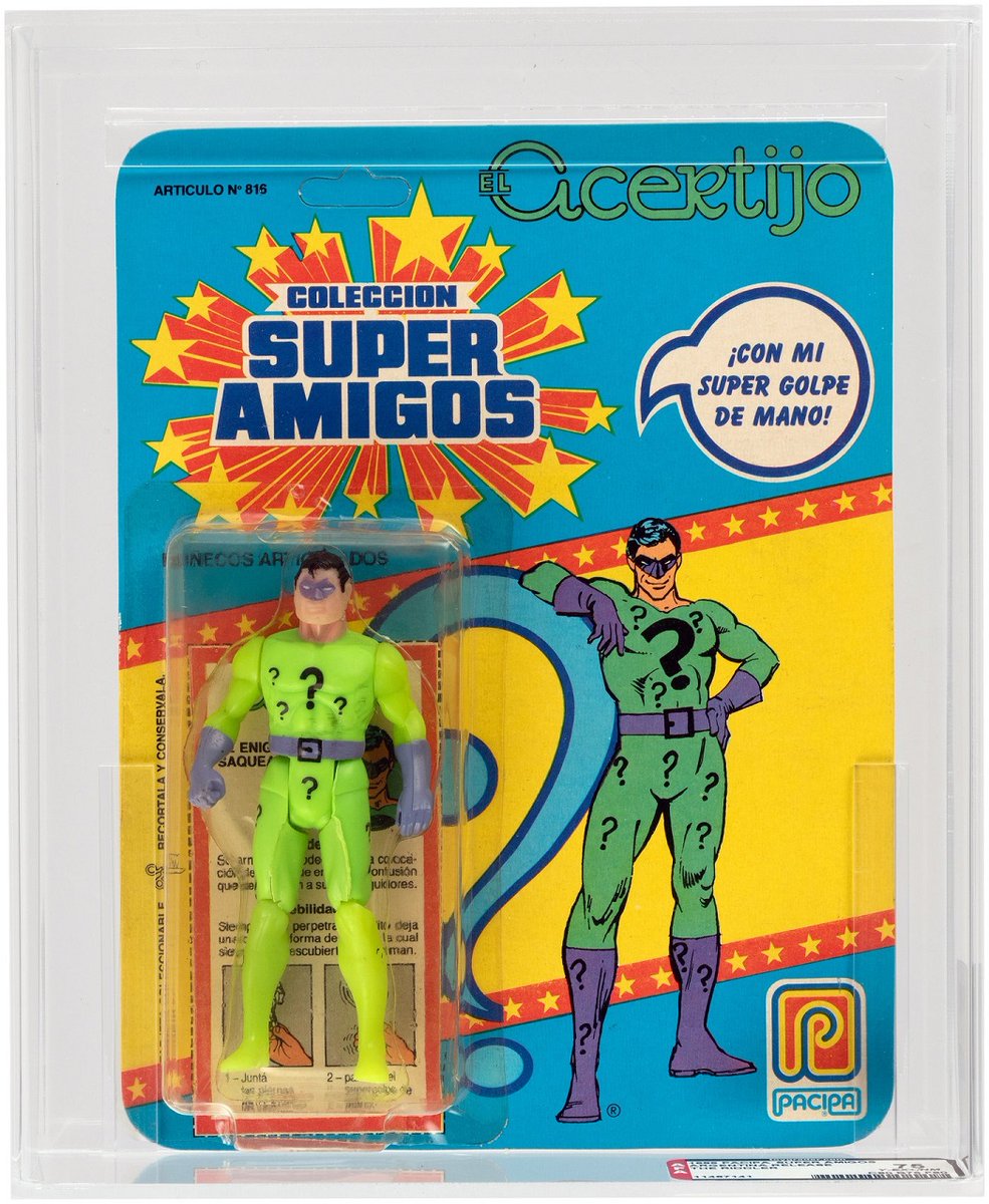 HakesAuctions's tweet photo. SOLD FOR $2,148! #Kenner didn't make a #SuperPowers #Riddler, so where did this one come from? #Argentina you say? That's correct! Part of #Pacipa's #SuperAmigos line, this toy is now very coveted! Contact @HakesAuctions to sell yours! 🇦🇷
#DCComics #TheRiddler #AFA #actionfigures https://t.co/aTN9TZTfny
