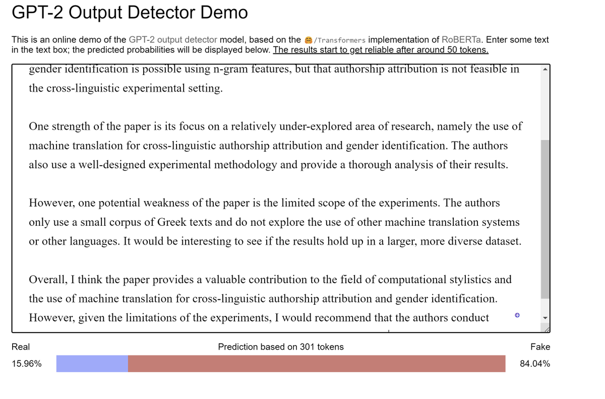 gmikros's tweet photo. @cfiesler @huggingface Sorry to bring sad news... If you paste the ChatGPT text to the QuillBot and paraphrase it, the @huggingface  GPT detector thinks confidently that the text has been written by a human... https://t.co/t8Aiwv6YRy