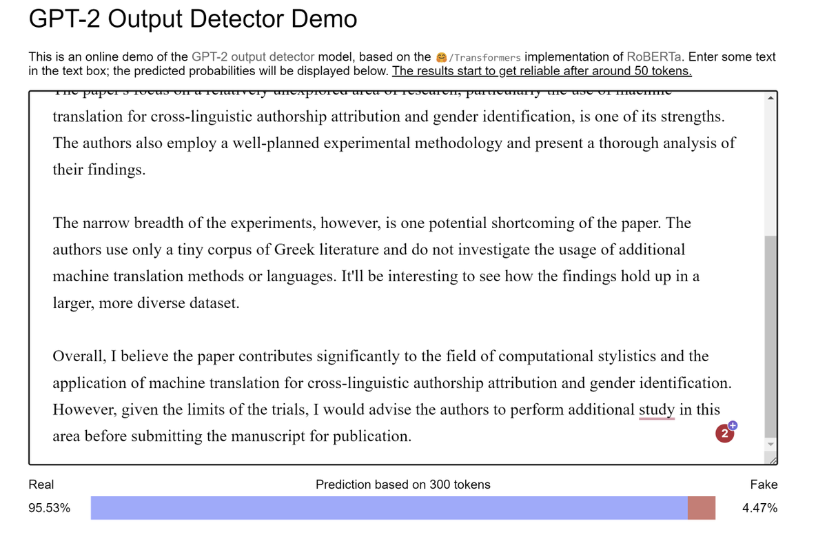 gmikros's tweet photo. @cfiesler @huggingface Sorry to bring sad news... If you paste the ChatGPT text to the QuillBot and paraphrase it, the @huggingface  GPT detector thinks confidently that the text has been written by a human... https://t.co/t8Aiwv6YRy