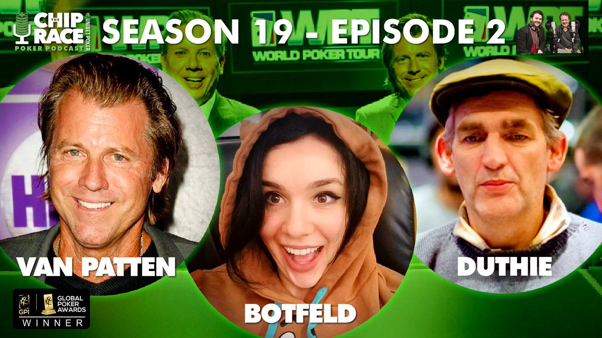 ♠️ ♥️ ♣️ ♦️ S19~E2 ♦️ ♣️ ♥️ ♠️

🇺🇸 Poker Player, Actor, Writer, Tennis Player &amp; <a href="/WPT/">World Poker Tour</a> commentator <a href="/VinceVanP_WPT/">Vince Van Patten</a>
🇺🇸 Player &amp; Author <a href="/amandabotfeld/">Amanda Roberts</a>
🇮🇪 <a href="/dklappin/">🃏 David Lappin 🃏</a> folds THE NUT FLUSH?
🇬🇧 Poker Marketing with @johnnyduthie 

🎙 soundcloud.com/thechiprace/se…

💚LIKE &amp; ♻️RT=DRAW for €100