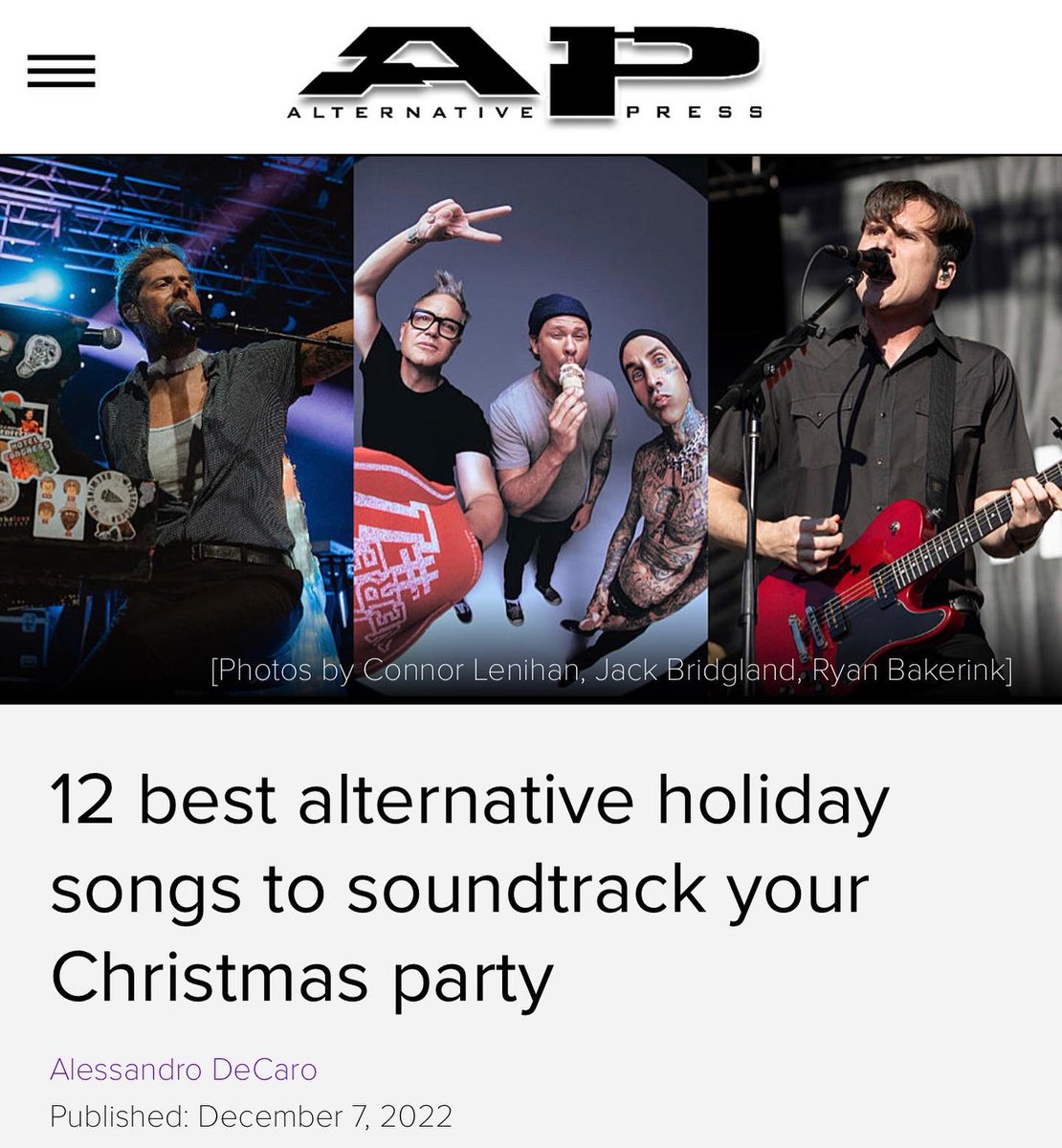 SamTinnesz's tweet photo. Holy freakin crap… what a week! “Turn Off All the Christmas Songs” just made @AltPress 12 best alternative holiday songs list with some of my favorite bands of all time! THANK YOU AP for the love! #Blink182 #Weezer #JimmyEatWorld #Christmas #AltPress https://t.co/hpchTFyM3U