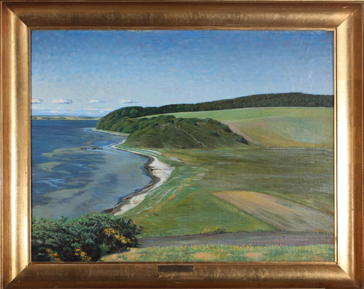 Eli_CottierFab's tweet photo. #DanishPainters #HaraldSLOTT_MØLLER (1864-1937), "View of a landscape with a #fjord", oil on canvas (#framed: 58x73cm) ; showing at Bruun-Rasmussen's, #Aarhus, #DK, till #12Dec2022. https://t.co/P1vLw4Gbe0