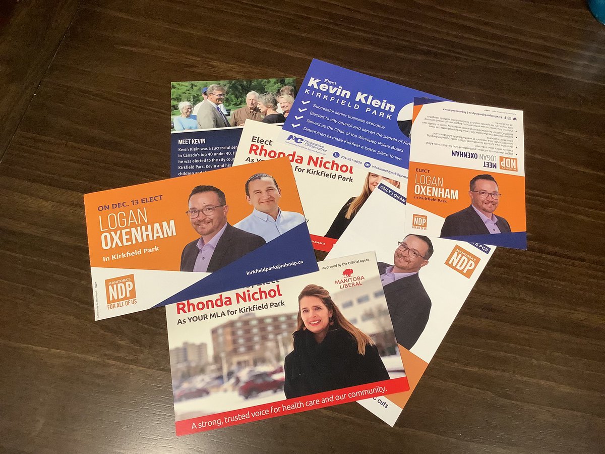 Just some of the campaign literature received in Kirkfield Park, along with 10+ phone calls &amp; multiple door-knockings by workers, candidates &amp; leaders. If turnout is low in Tuesday’s by-election, we’ll be hard pressed to claim that we didn’t know about it! #vote