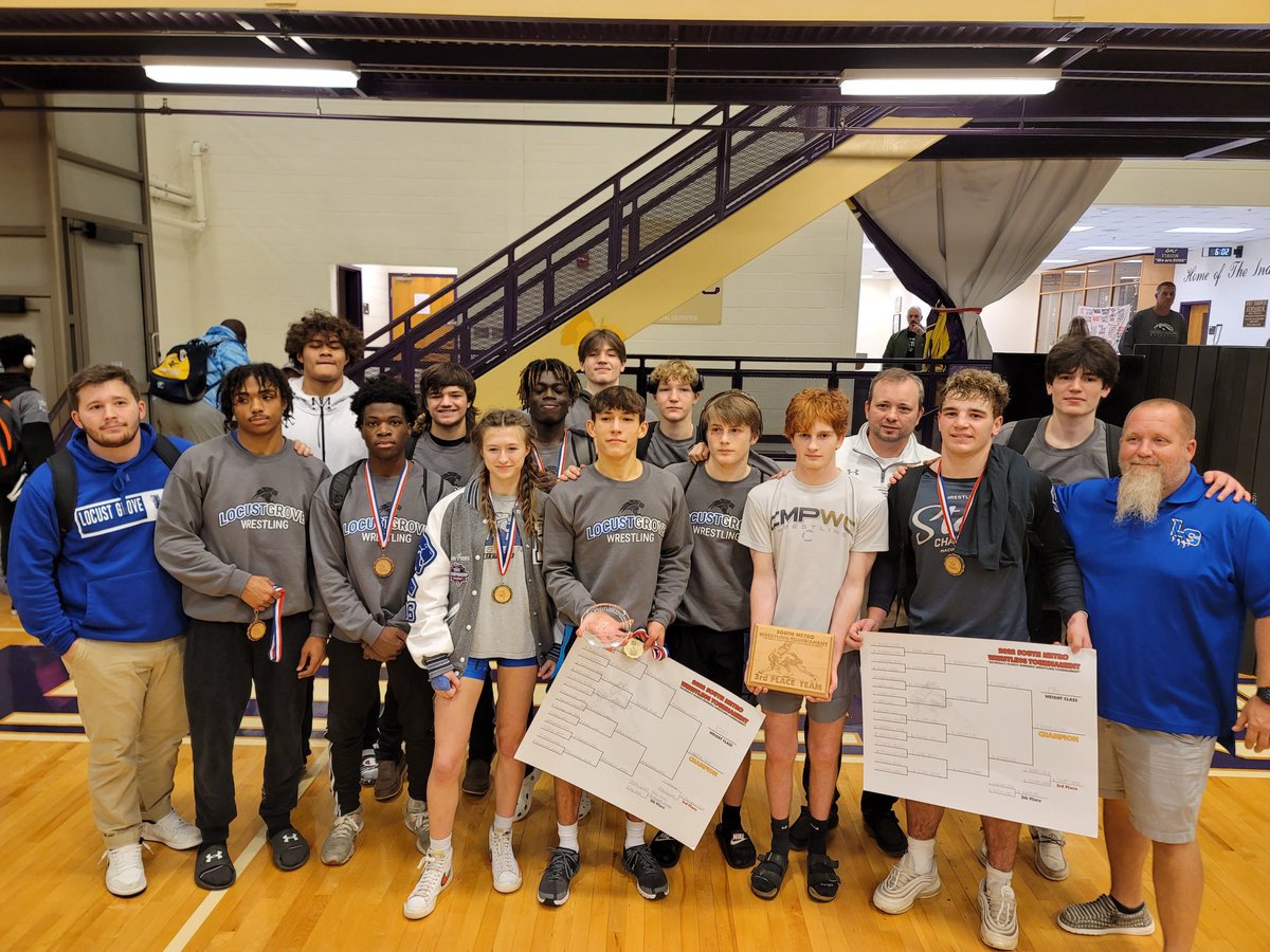 LGHWrestling's tweet photo. Locust Grove finishes behind Ola and Newnan at the 2022 South Metro Invitational. Moody, Malette, and Hinson take home top honors. 

#LGWrestling | #SpladleCity https://t.co/PRCfkYm2Hl