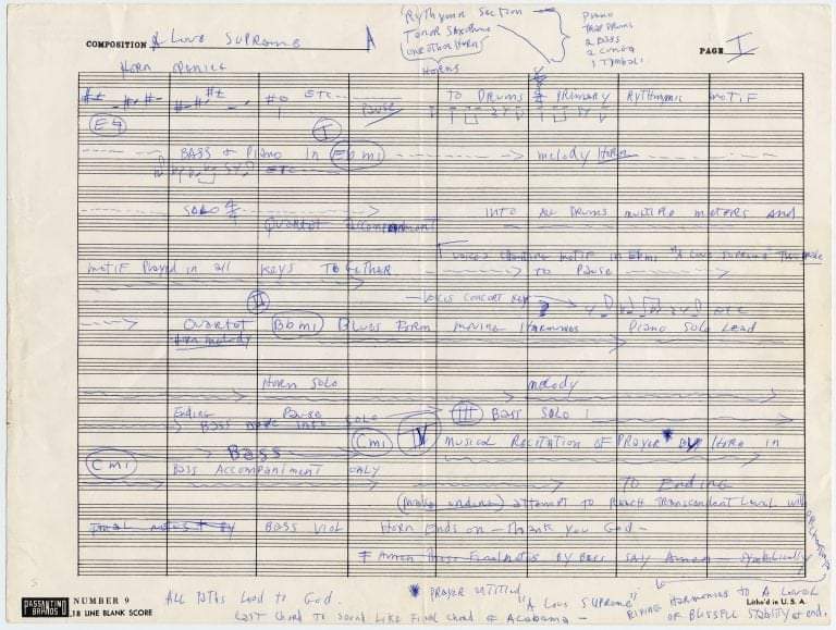 Manuscript of A Love Supreme, by John Coltrane, 1964. 
Photo by The National Museum of American History.
