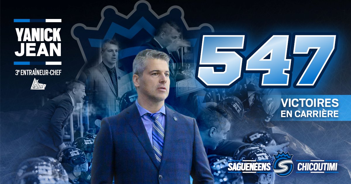 Avec cette victoire, Yanick Jean devient officiellement le troisième entraineur le plus victorieux dans la LHJMQ avec impressionnant total de 547 ! 🔵⚪️