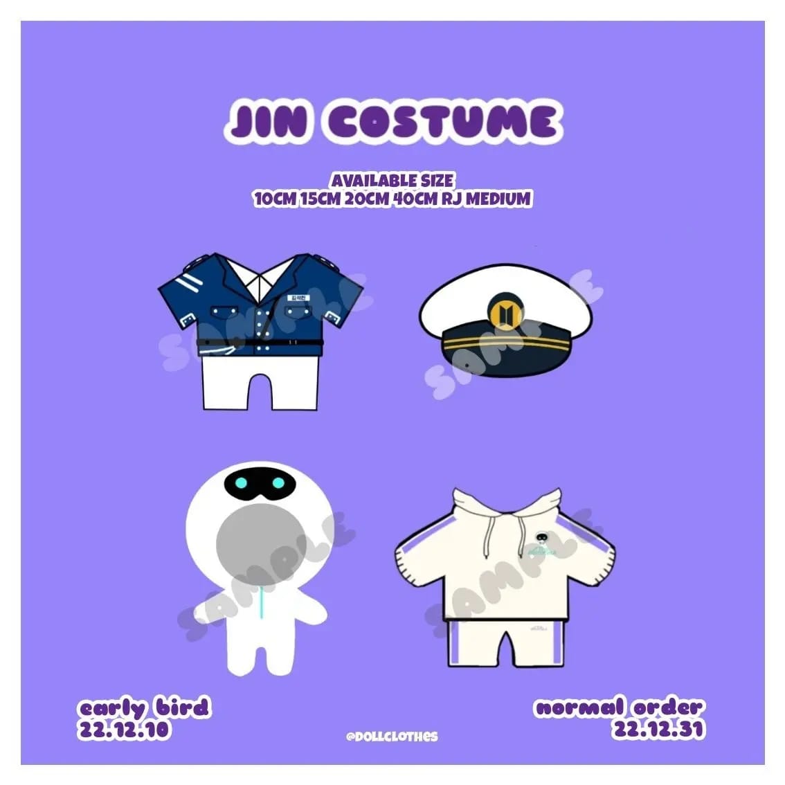 purplehouse613's tweet photo. Hongkong G.O
JIN DOLL COSTUME
💜 Captain costume + cap
💜 Wotteo Costume 
💜 The Astronaut hoodie + pants 
1. CAPTAIN
- 10/15/20 : $125
-  40/ RJ M: $130
2. WOTTEO
- 10/ 15/20 :$145
- 40 / RJ M : $150
3.THE ASTRONAUT
-10/15/20: $120
- 40/RJ M:$125
By @d0llclothes 
#purplehouse613 https://t.co/FrWgp846dc