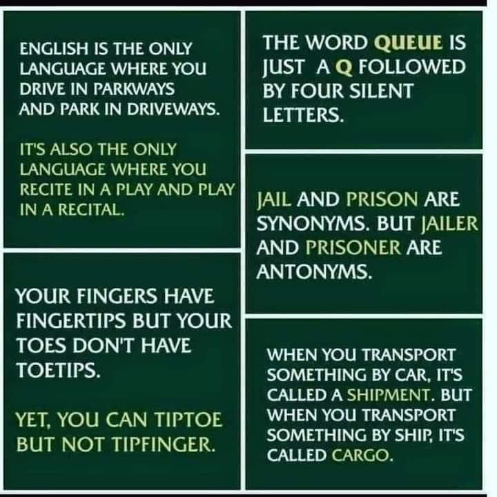 HeleneTranslate's tweet photo. English is such a fun language. Parkways and driveways. Fingertips vs toetips? Jail and jailer vs prison and prisoner. Shipment and Cargo.
What do you think the party was like where these decisions were made?
#English #workingwithwords #wordstakeusplaces
Source: Unknown https://t.co/UdujH5dMPK