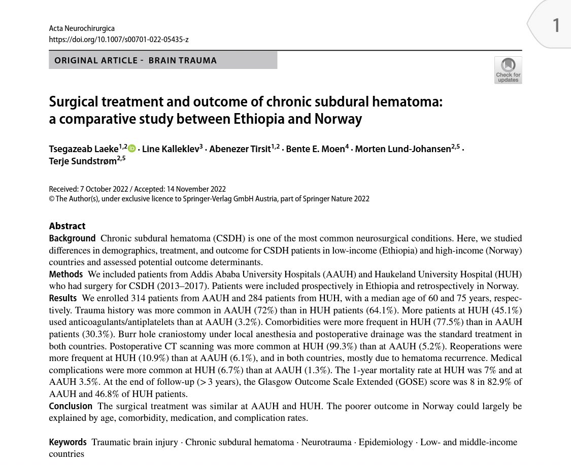 Tsegazeab laeke (@tsegaze) on Twitter photo Just published online.A pleasure to share with you our article on surgical treatment of CSDH comparing two settings:Ethiopia and Norway.
<a href="/Abtirsit/">Abenezer Tirsit</a>
rdcu.be/c1nR6 Just published online.A pleasure to share with you our article on surgical treatment of CSDH comparing two settings:Ethiopia and Norway.
<a href="/Abtirsit/">Abenezer Tirsit</a>
rdcu.be/c1nR6