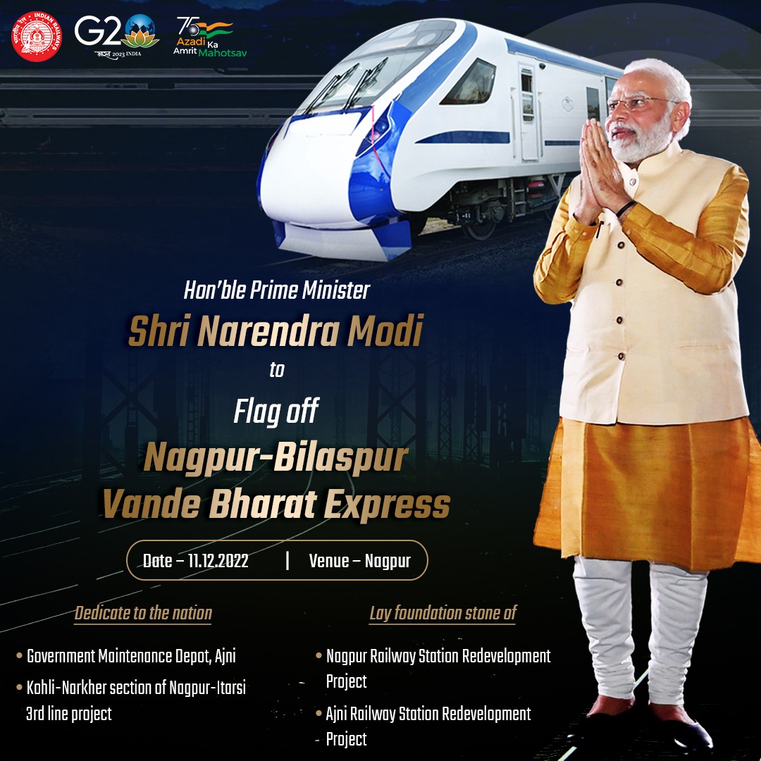 DRMCKP's tweet photo. Hon'ble PM Shri 
@narendramodi
 will flag off the new #VandeBharat Express between Nagpur-Bilaspur from Nagpur Railway Station in Maharashtra, today.
Watch live:
https://t.co/d206rLRp29

#RailInfra4Maharashtra
#SamruddhMaharashtra https://t.co/TGfSUGp0HR