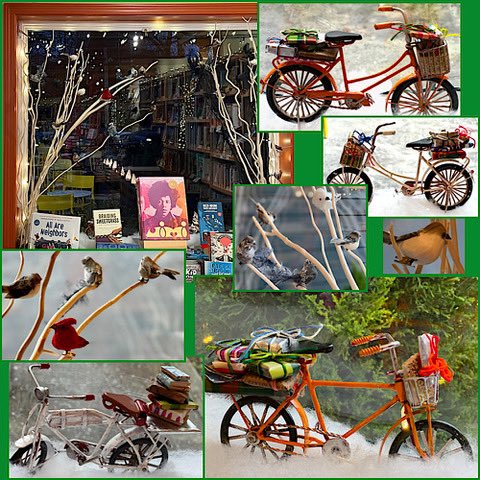Come check out our holiday window displays - Judy’s creation with bicycles and the birds representing a partridge, turtle doves, french hens, swans, geese, and many others. #holidayshoppingisfun #holidaymagic #windowshoppingtherapy #visityourfavoritebookstore
