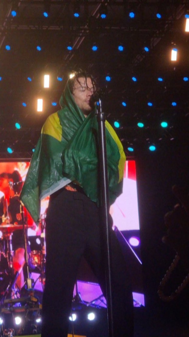 eu não sabia que precisava ver harry styles coberto com a bandeira do Brasil na chuva, até ver HARRY STYLES COBERTO COM A BANDEIRA DO BRASIL NA CHUVA