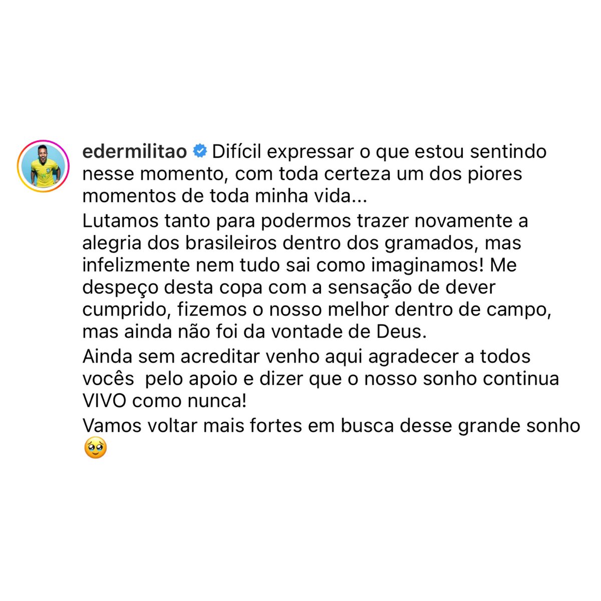 staffpop_ofc's tweet photo. Eder Militao  via Instagram: 
 
“Difícil expressar o que estou sentindo nesse momento. Com toda certeza um dos piores momentos da minha vida. Lutamos tanto para podermos trazer novamente a alegria dos brasileiros dentro dos gramados, mas infelizmente nem tudo é como imaginamos”. https://t.co/z4j0kiG8Ho