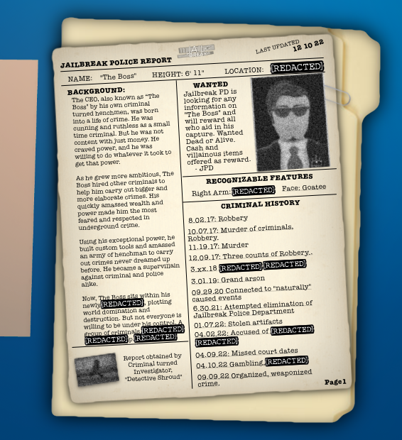 🚨 Jailbreak Police Department has released newly compiled reports in collaboration with criminal turned investigator "Detective Shroud". 

Criminals of Jailbreak, we need you! 

Full report below. Stay tuned... 👇
#Roblox #Jailbreak