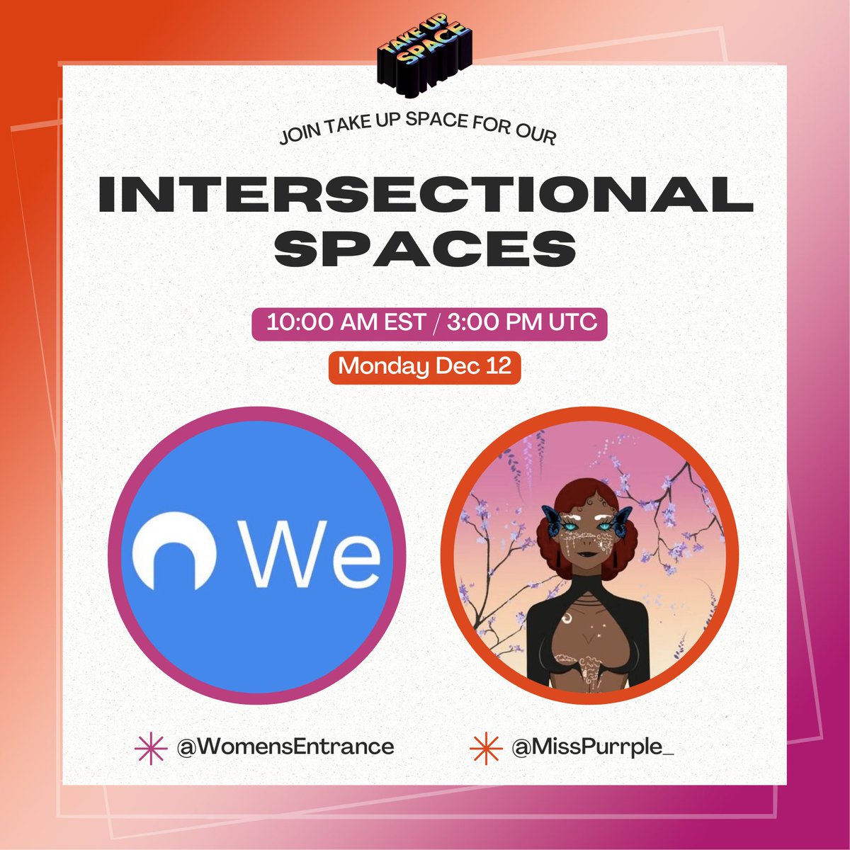 Coming up tomorrow; the first Intersectional Twitter Spaces where we deep dive in amplifying diverse voices 💜 

First ever speakers for this spaces series are <a href="/MissPurrple_/">Miss Purple 💜</a> from <a href="/MonahanoNFT/">Monahano 🔮</a> and the team of @WomensEntrance! 

x.com/i/spaces/1MYxN…