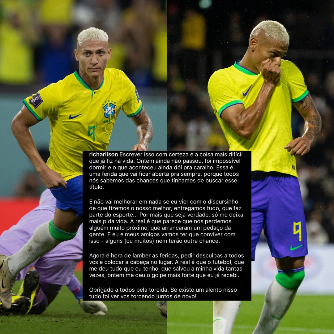 staffpop_ofc's tweet photo. Richarlison fez um desabafo nas redes sociais, depois da derrota do Brasil para a Croácia nas quartas de final da #CopadoMundo2022. O jogador disse que a eliminação foi uma "ferida que vai ficar aberta pra sempre"... https://t.co/EOBA5Mlgbl