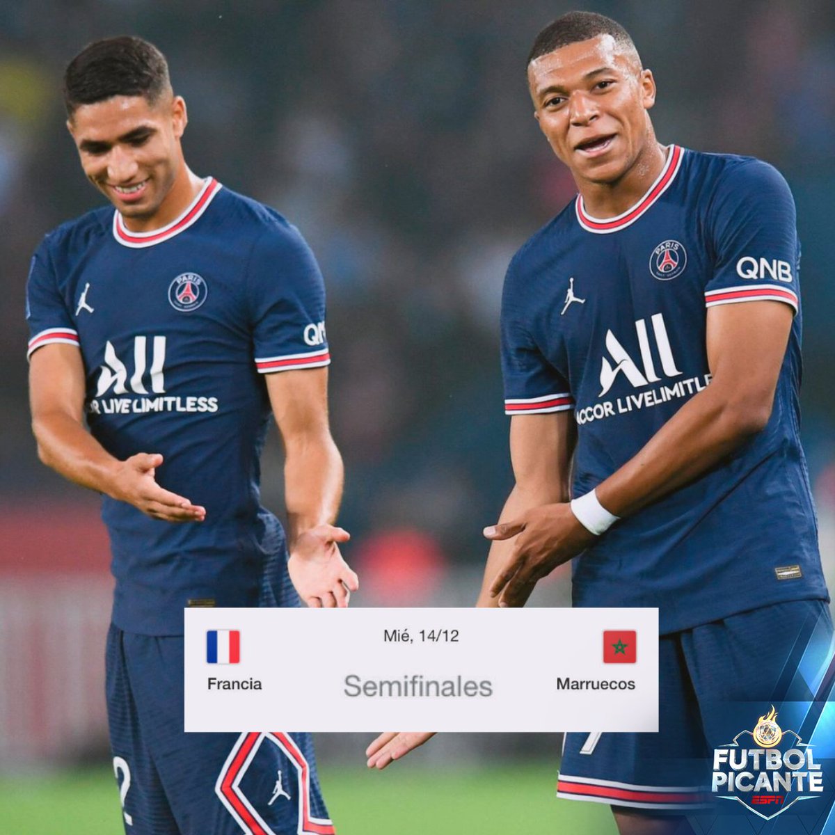 👀 ¡Partido especial para los jugadores del PSG! 

🇲🇦🆚🇫🇷 Mbappé se enfrentará a su gran amigo Hakimi en semifinales 

❤️ "Nos vemos pronto, amigo" escribió el marroquí en sus redes sociales 

#Qatar2022 #FIFAWorldCup