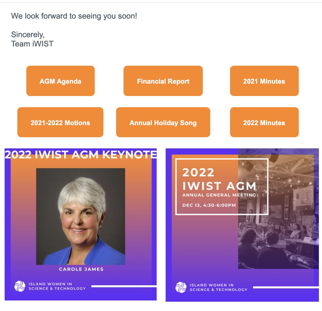 KhristineCarino's tweet photo. Just hit my inbox: a delightful AGM announcement from @iwist_org!
Easy clickable access to AGM agenda, financial report, 2021 minutes, 2021-22 motions, 2022 minutes...and my fave: annual holiday song.
Kudos Board Chair @CSkillen & team!
#leadership #womeninstem #iwist https://t.co/QFjvN1whYl
